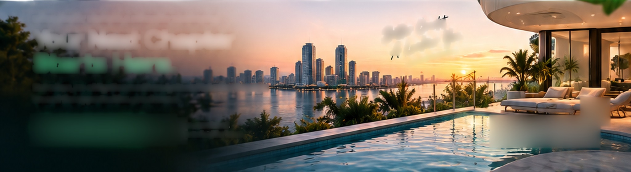 Sunset view of a city skyline across the water from a rooftop infinity pool