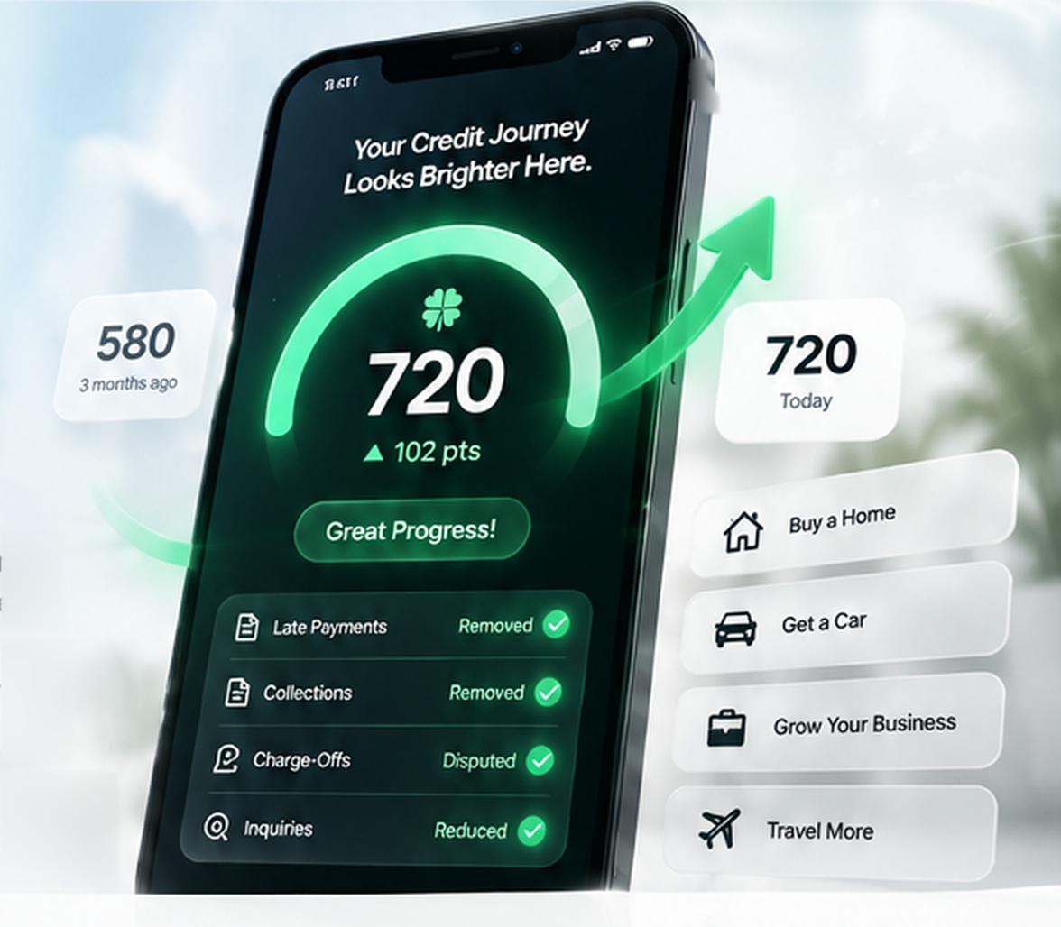 Smartphone showing a credit score rising from 580 to 720 with late payments, collections, charge-offs and inquiries resolved, beside goal cards for buying a home, getting a car, growing a business and travelling